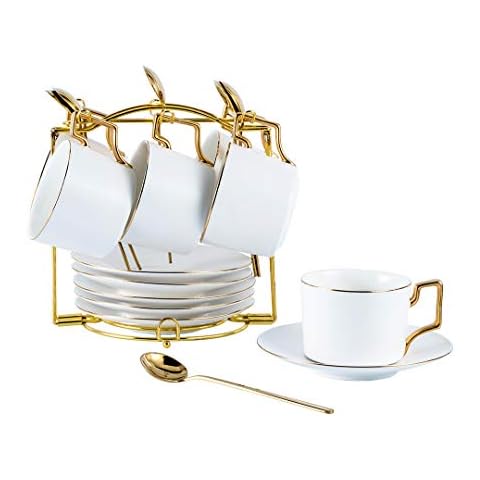 CHILDIKE Ceramic Demitasse Espresso Cups Set with Saucers and Metal Stand, 7 oz Porcelain Stackable Cappuccino Cups for Tea, Latte, Coffee, Cafe Mocha, Set of 6, Matte White Cover