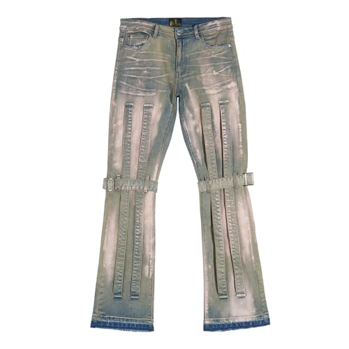 Men's Slim-fit Mid-Rise Denim Jeans Distressed Tie-dye Stacked Pants Retro Hip-hop Men's Jeans
