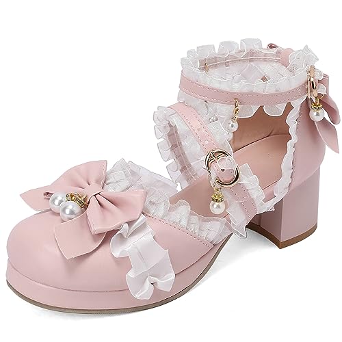 LUXMAX Women Lolita Kawaii Shoes Chunky Heel Mary Janes Ankle Strap Lace Pumps Bow Cute Block Heel Rockabilly Shoes