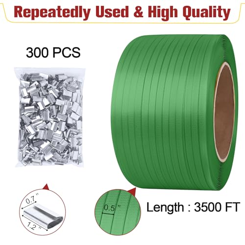 Image of MYFAMIREA Heavy Duty Banding Strapping Kit with Tensioner Tool, 1 /2 inchx 3500FT Green Polypropylene Plastic Packaging Strapping, 300 Metal Seals, Sealer Tool for Pallets, Logistics, Warehouse (Red)