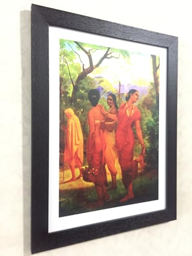 Image of Adventures *Shakuntala & her Companions*- Two Paintings by Raja Ravi Varma, Set of 2 Wall Decor Frames. Matt Satin Print with MDF & 1 inchPS Black Frame. Size 14 inchx18 inch each.