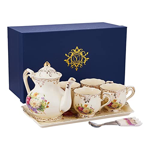Yolife Ivory Ceramic Tea Set, Vintage Tea Set With Teapot,Serving Tray,Teacups,Teaspoons - Service For 4 (Floral) #TOP6