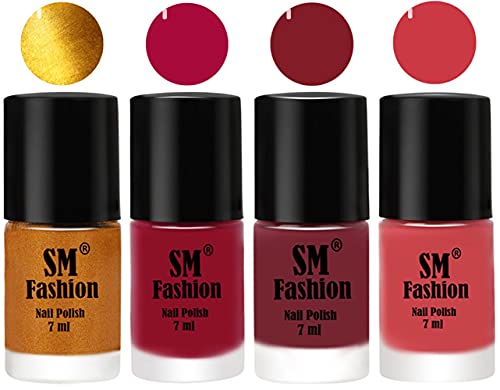 Image of Nail Polish Combo Set (Pack of 4) Quick Dry Gel Finish Nail Paint | Golden,Raspberry,Lip,Punch Pink | 7 ml Each