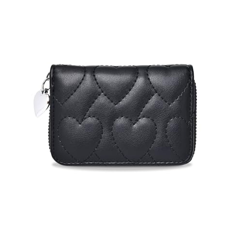 Wallet Women, Credit Business Card Holder, Love Shaped Zipper Small Cute Card Wallets for Woman for ID Card, Cash, Key, Change (Black)
