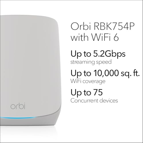 Image of NETGEAR Orbi Whole Home Tri-Band WiFi 6 Mesh Network System (RBK754P) - Router with 3 Satellite Extenders, Security Features, Coverage up to 10,000 sq.ft., 75 Devices, AX5200 (Up to 5.2Gbps)