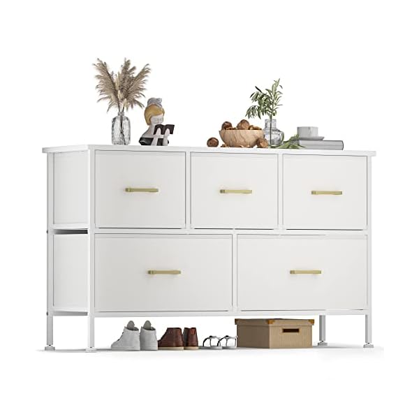YILQQPER Dresser for Bedroom with 5 Drawers, White Dresser for Closet, Living Room, TV Stand, Nursery, Chest of Drawers with Sturdy Steel Frame, Leather Finish, Wood Top (Glacier White)