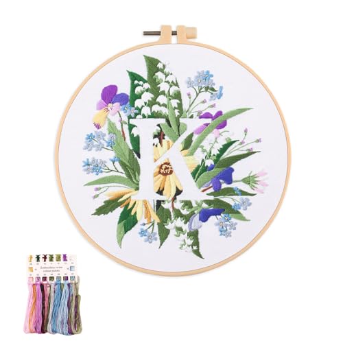 Image of artcici Embroidery Kits Plant Flower Leaf English Letter Patterns for Beginners Adults, Full Range Embroidery Starter Kits Cross Stitch Needlework Supplies (Letter K)