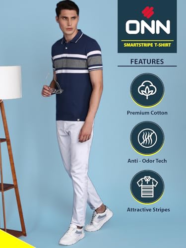 Image of ONN Men's Regular Fit Polo Neck Half Sleeve Striper T-Shirt | T-Shirt for Men