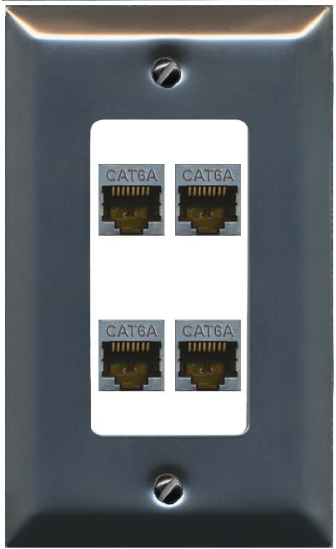 RiteAV - 4 Port Cat6A Ethernet Wall Plate - 1 Gang Decorative [Stainless/White]