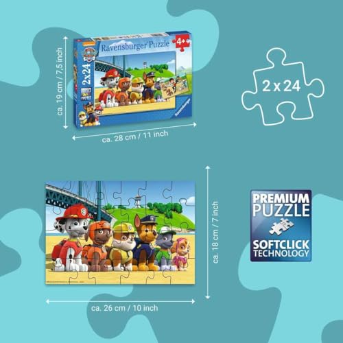 Ravensburger Kinderpuzzle - 09064 Heldenhafte Hunde - Puzzle für Kinder ab 4 Jahren, Paw Patrol Puzzle mit 2x24 Teilen