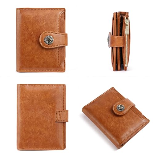 Image of CLUCI Small Wallets for Women RFID Blocking Leather Trifold Compact Credit Card Holder with ID Window Ladies Zipper Coin Purse Oil Wax Brown