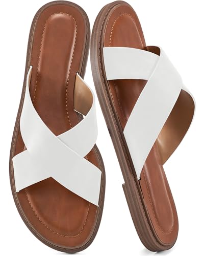 HARENCE Womens Flat Slides Sandals: Dressy Summer Slip On Flats Shoes Comfortable Open Toe Walking Beach Slide Sandal