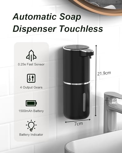 Dalugo Automatischer Seifenspender, USB C Wiederaufladbar Mit Wandbefestigung 380ml, Elektrisch Mit Sensor, 4 Stufen Verstellbar, Schwarz für Küche Badezimmer 2