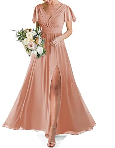 HPPEE Robe de demoiselle d'honneur de mariage pour femme, double col en V, manches courtes, robe de soirée formelle avec fente, saumon, 40