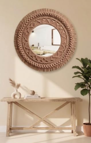 Image of Handmade Cotton Macrame Wall Hanging Glass Mirror with Boho Fringes, Bohemian Art Decorative Aina for Make-Up, Living Room, Bedroom (Beige)