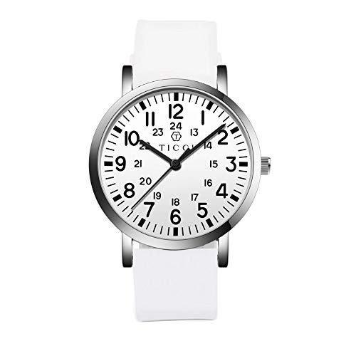 TICCI ユニセックス メンズ レディース 医療スクラブウォッチ アラビア数字 ミリタリータイム 読みやすい文字盤 シリコンバンド 防水 学生 医師 看護師用 ホワイトバンド、ホワイトダイヤル-2。