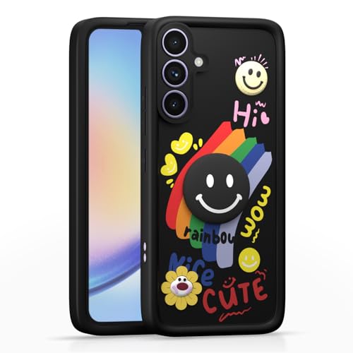 Image of Pikkme Back Cover for Samsung Galaxy A34 5G | Soft Silicone| Cute Rainbow Smile & 3D Cartoon Flower Design | Shockproof Raised Camera Protection Bumper Case (Black)