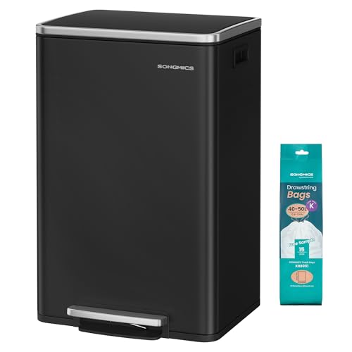SONGMICS Poubelle de Cuisine 50 L, avec 15 Sacs Poubelle, en Acier, Seau Intérieur Amovible en Plastique, avec Couvercle, Poignées, Fermeture en Douceur,...