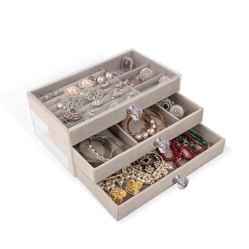 Image of Birch & Co. Jewellery Box - 3 Layer Jewellery Organizer Storage Box, Portable Travel-Friendly Storage. Elegant Storage Case for Rings, Earrings, Necklaces & Bracelets, Grey