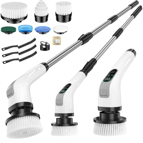 Image of Electric Spin Scrubber, IPX7 Waterproof Power Shower Scrubber with Extension Handle, 7 Replaceable Brush Heads & 3 Hard Bristle Crevice Cleaning Brushes Cleaning Supplies for Bathroom Tub Tile Floor