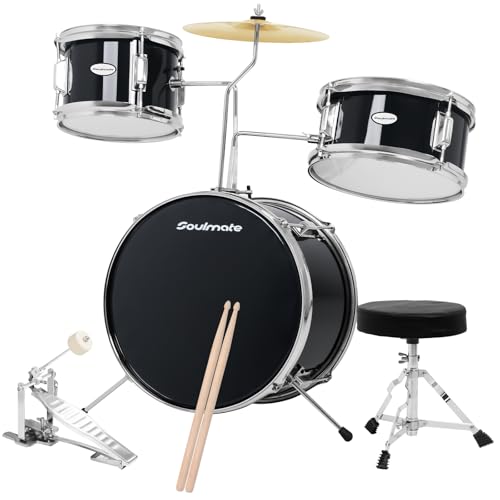 Soulmate Kids Drum Set - 3 Piece 14 Inch Beginner Drum Kit for Kids Boys & Girls with Adjustable Drum Throne, Bass Pedal, Cymbal & Drumsticks (Black)