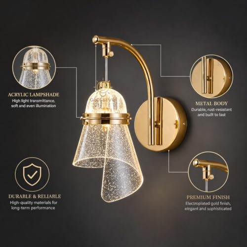 Image of Glowave Modern LED Wall Sconce with Acrylic Lampshade, Gold Finish Metal Body, Decorative Indoor Wall Light for Bedroom, Living Room, Hallway & Hotel - Tricolour (7161 /WL)