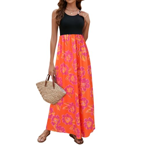 Image of Sherosa Women Boho Chevron Striped Floral Printed Summer Sleeveless Tank Long Maxi Party Dress