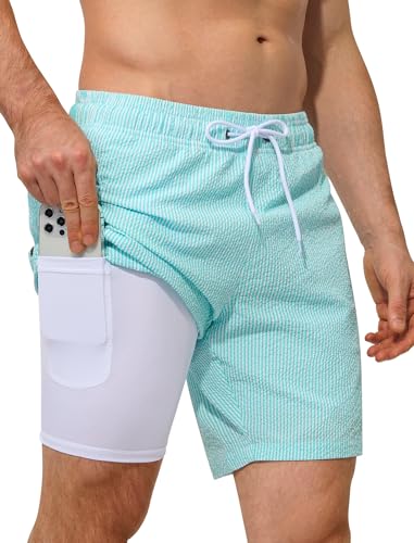 SILKWORLD Men's Swim Trunks Quick Dry Bathing Suits, Green Stripes, XL
