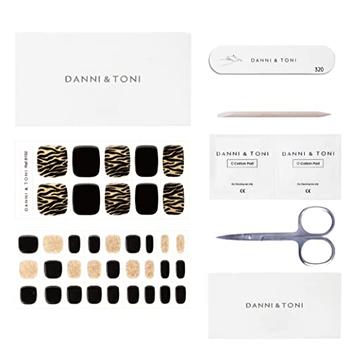 Danni & Toni Semi Cured Gel Toeail Strips (Moonlight Tiger) Black Gold Glitters Gel Nail Stickers Leopard Print Toenail Stickers (37 Stickers) #TOP4