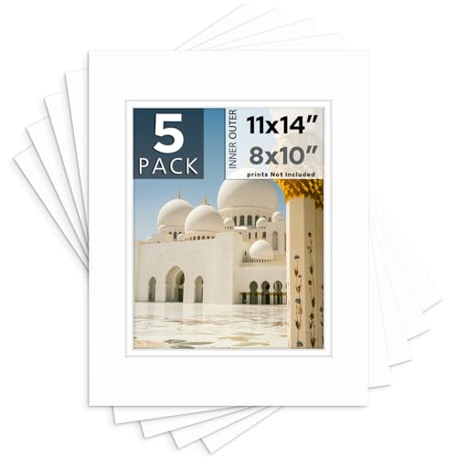 Mat Board Center, Pack of 5, 11x14 for 8x10 Photo Picture Double Mats - Acid Free, 8-ply Thickness, White Core - for Pictures, Photos, Framing (White Over White)