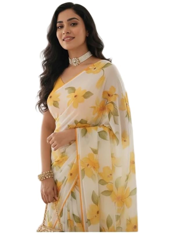 Flower Print Saree With Soft Fabric with Unstiched Blouse Peace(DYLU-YELLOW16_AMZ)-image-22