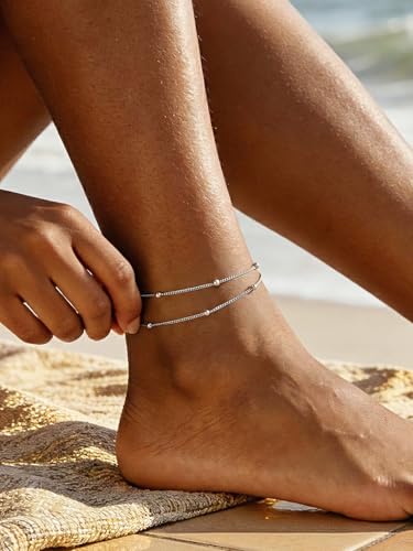 Image of FOCALOOK 14K Gold Plated Anklets for Women Waterproof Plus Size Ankle Bracelet 8.5-10.5 Inch Adjustable Mariner /Figaro /Flat Snake /Cuban Link Chain Anklet Jewelry for Summer Beach Holiday