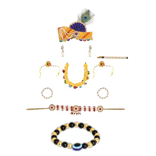 Image of Krishna Dress for Kids, Baby Krishna Dress for Janmashtami with Krishna Mukut, Peacock Feather & Flute Embroidered Krishna Costume for Girl & Boy, 3 Months-8 Years