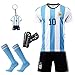 アルゼンチン代表 メッシ 背番号10ユニフォーム 大人用と子供用練習着 靴下と防具を持参する ジュニア サッカーTシャツ+ショーツスーツ 4点セット キーホルダーのおまけ付き