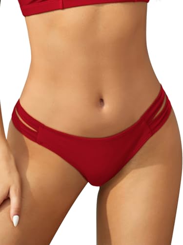 SHEKINI Bikini Bottoms Strappy Low Rise Brazilian Thong Sexy Swim Bottom for Women Rose Red