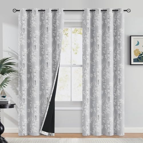 Image of BFAM Floral Print 100% Blackout Curtain with Black Linning at Back, Floral Print Curtains for Living Room /Bedroom Thermal Insulated Energey Saving Blossom Curtain, Pack of 1 Curtain