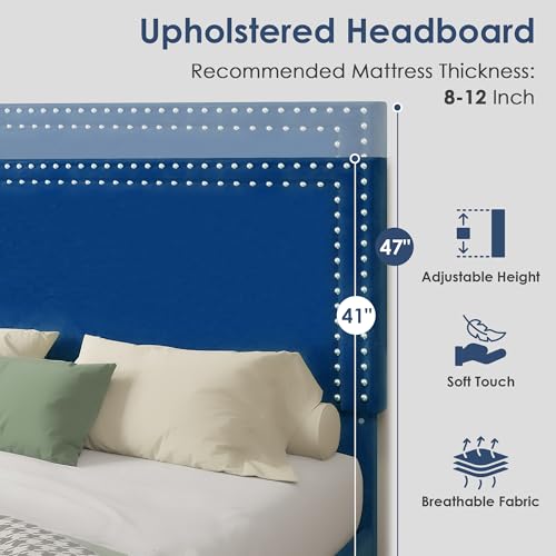 Image of VECELO Queen Size Platform Bed Frame with Height Adjustable Upholstered Headboard, Modern Mattress Foundation,Strong Wood Slat Support, No Box Spring Needed, Easy Assembly,Dark Blue