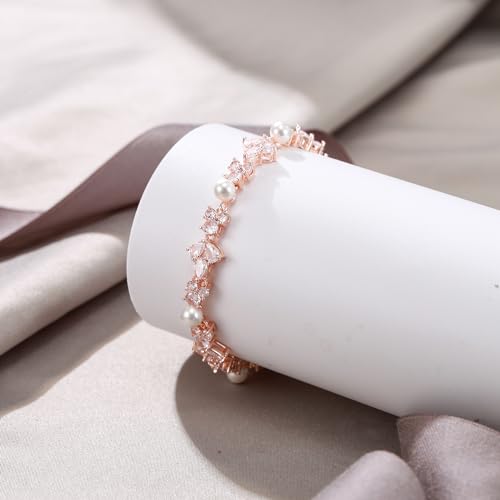 Ever Faith N15420-3 Faux Pearl Wedding Jewelry For Bride Bridesmaid, Gorgeous Pear Shaped Cubic Zirconia Rose Gold Plated Cream Simulated Pearl Tennis Bracelet thumb #3