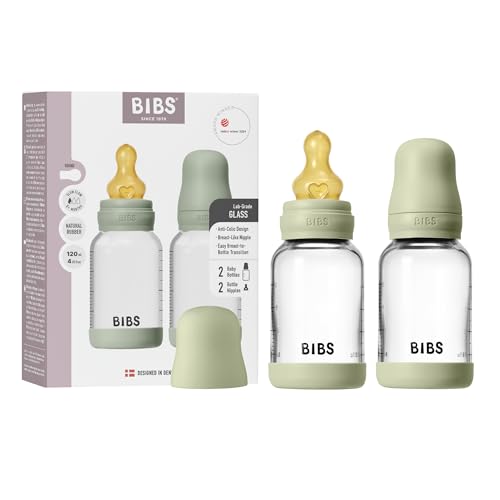 Image of BIBS Glass Baby Bottle, 120 ml, 2-Pack, Natural Rubber Nipple, Sage | Anti-Colic | Natural Rubber Latex Nipple | Slow Flow | Supports Breastfeeding | Made in Denmark | Familiar BIBS Nipple