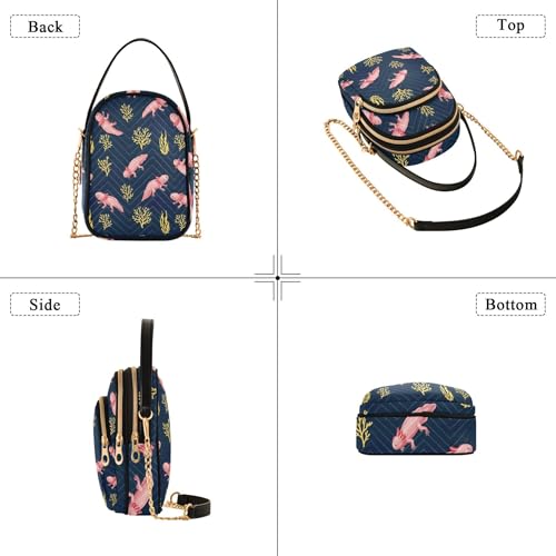 Cartoon Coral Pink Axolotls Blue One Shoulder Purse Women Cell Phone Purse Chain Strap Floral Print Ladies Crossbody Satchel Bag, 5.9" × 8.3" × 3.1"4