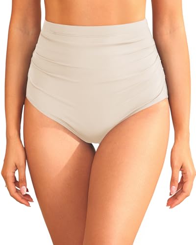 Zmart High Waisted Bikini Bottoms - Women's Full Coverage Ruched Bathing Suit Bottom Low Cut Swimsuit