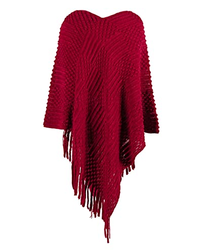 Image of xxxiticat Women's Tassel Poncho Scarf Batwing Sleeve Loose Fringe Hem Round Ball Cape Shawls Knitted Pullover Sweaters