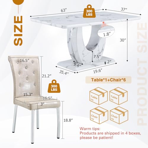 JUFU 63-Inch Faux Marble Dining Table Set for 6, Beige Chairs, Silver Legs - Image 2