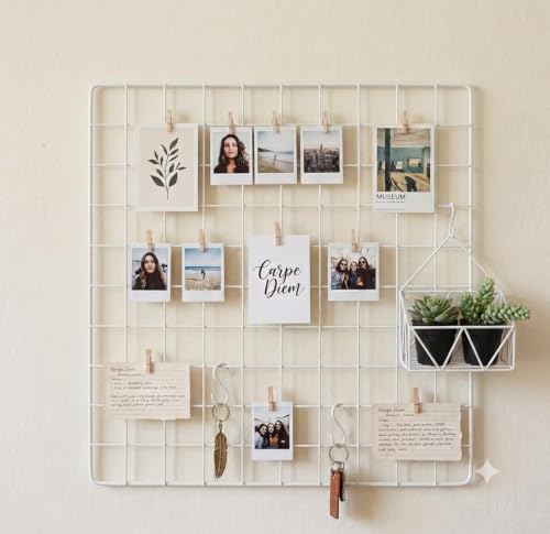 Image of Metal Wire Grid Photo Display Frame for Wall | 30 x 30 CM White Iron Mesh Memo Board | Wall Mounted Picture Organizer for Photos, Notes, Postcards, Artwork, Bedroom, Office & Home Decor