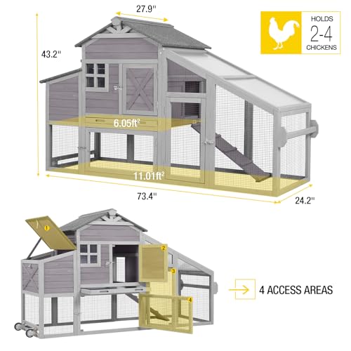 AIVITUVIN Chicken Coop with Nesting Box Mobile Chicken House on Wheels for 2-4 Chickens Rabbit Hutch Pull-Out Tray Wooden Poultry Cage