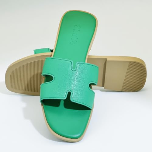 Image of Women's Flat Sandals, Ladies Leather Slippers, Comfy Dressy Slip on Shoes Elegant Slides Summer Fall Spring Cute Open Toe Casual Footwear