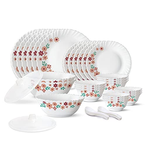 Borosil Gourmet Dinnerware Set For 6, 35 Pieces, White Dinner Plates and Bowls Sets, Chip Resistant Tempered Opal Glass, Stain Resistant, Dishwasher & Microwave Safe Dinner Set For Gifting, Serves 6