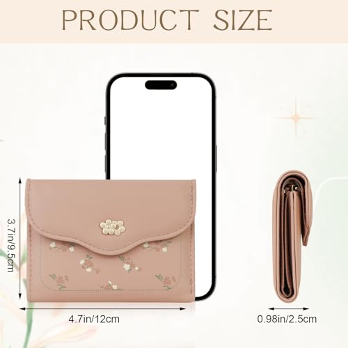 Andiker Trifold Small Women Wallet, Coin Purse with 1 ID Window and 1 Zipper Pocket, Leather Delicate Floral Wallet (Pink)2
