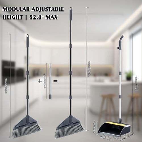 Image of Broom and Dustpan Set with 52 inch Long Handle | Stand Up Dustpan with No Warping Metal Edge, 4-Layer Flagged-Tip Bristles, Hair Cleaning Teeth for Home, Kitchen & Office