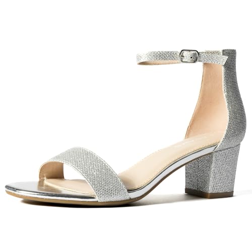Image of J. Adams Daisy Heeled Sandals - Ankle Strap Low Block, Open Toe Dress Pumps, Chunky Heels - Dressy Shoes for Women - Bridal, Wedding, Summer Sandals